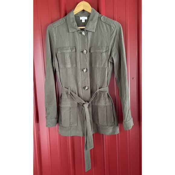 J Jill Jacket Linen Blend Belted Utility Cargo Button Up Waist Tie Womens XS - Picture 1 of 6